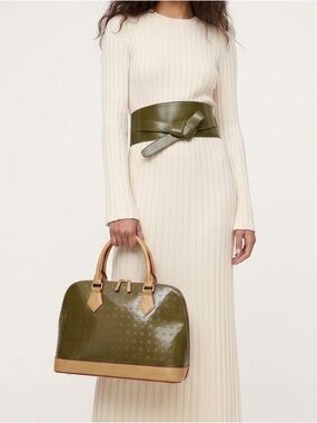 Arcadia Made in Italy Patent Leather Embossed Dome Satchel Bag Olive Green & Tan